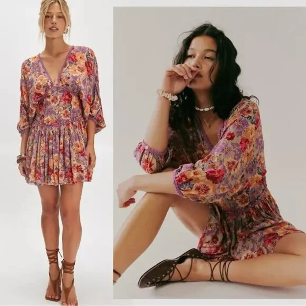 Free People Sweet Dreams Mini Dress Deep V Babydoll Boho Swing Floral Lace M - Picture 3 of 9